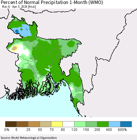 Bangladesh Percent of Normal Precipitation 1-Month (WMO) Thematic Map For 3/6/2024 - 4/5/2024