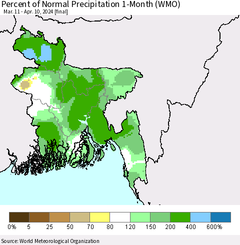 Bangladesh Percent of Normal Precipitation 1-Month (WMO) Thematic Map For 3/11/2024 - 4/10/2024