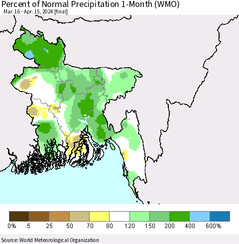 Bangladesh Percent of Normal Precipitation 1-Month (WMO) Thematic Map For 3/16/2024 - 4/15/2024