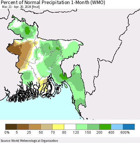 Bangladesh Percent of Normal Precipitation 1-Month (WMO) Thematic Map For 3/21/2024 - 4/20/2024