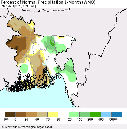 Bangladesh Percent of Normal Precipitation 1-Month (WMO) Thematic Map For 3/26/2024 - 4/25/2024