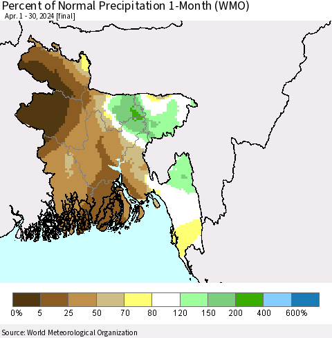Bangladesh Percent of Normal Precipitation 1-Month (WMO) Thematic Map For 4/1/2024 - 4/30/2024