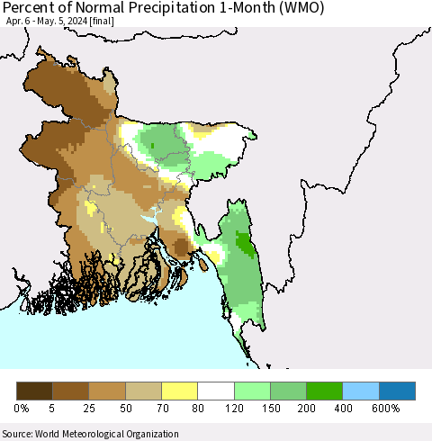 Bangladesh Percent of Normal Precipitation 1-Month (WMO) Thematic Map For 4/6/2024 - 5/5/2024