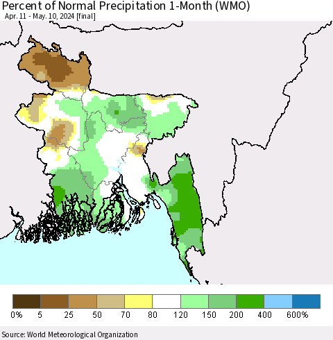 Bangladesh Percent of Normal Precipitation 1-Month (WMO) Thematic Map For 4/11/2024 - 5/10/2024
