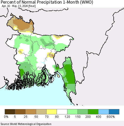 Bangladesh Percent of Normal Precipitation 1-Month (WMO) Thematic Map For 4/16/2024 - 5/15/2024