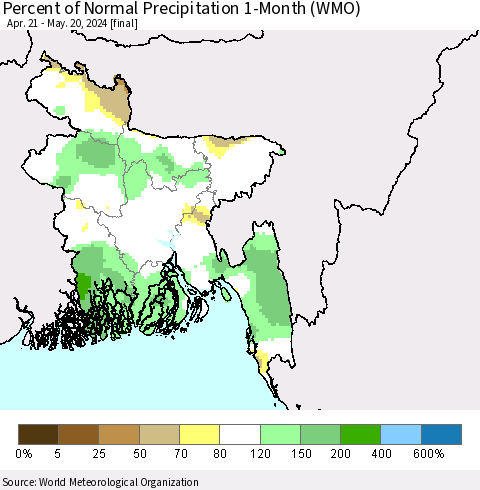 Bangladesh Percent of Normal Precipitation 1-Month (WMO) Thematic Map For 4/21/2024 - 5/20/2024