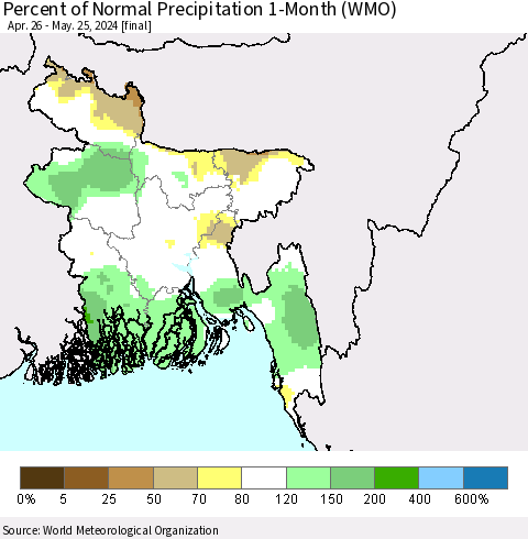 Bangladesh Percent of Normal Precipitation 1-Month (WMO) Thematic Map For 4/26/2024 - 5/25/2024