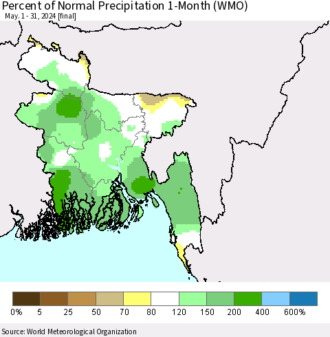Bangladesh Percent of Normal Precipitation 1-Month (WMO) Thematic Map For 5/1/2024 - 5/31/2024