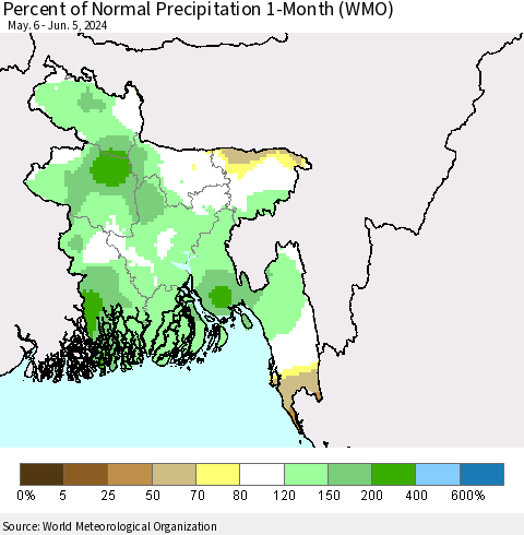 Bangladesh Percent of Normal Precipitation 1-Month (WMO) Thematic Map For 5/6/2024 - 6/5/2024