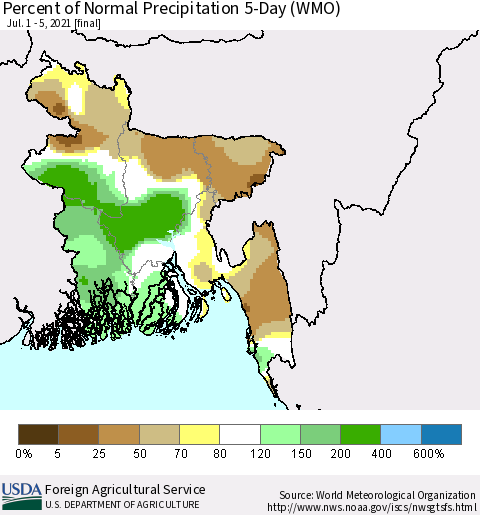 Bangladesh Percent of Normal Precipitation 5-Day (WMO) Thematic Map For 7/1/2021 - 7/5/2021
