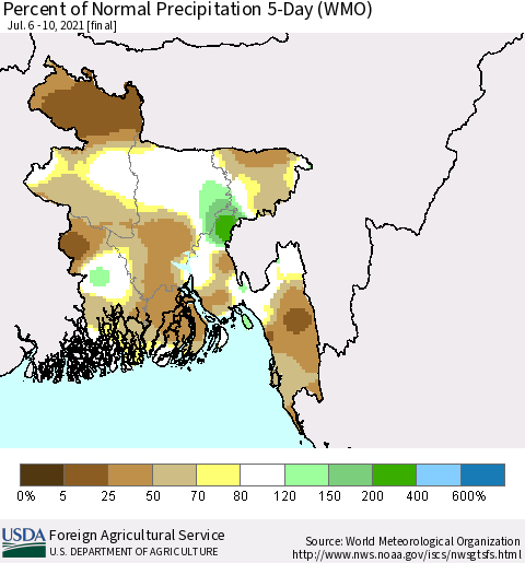Bangladesh Percent of Normal Precipitation 5-Day (WMO) Thematic Map For 7/6/2021 - 7/10/2021
