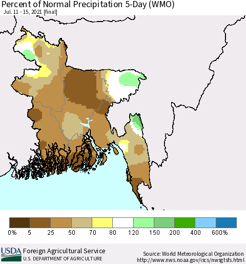 Bangladesh Percent of Normal Precipitation 5-Day (WMO) Thematic Map For 7/11/2021 - 7/15/2021