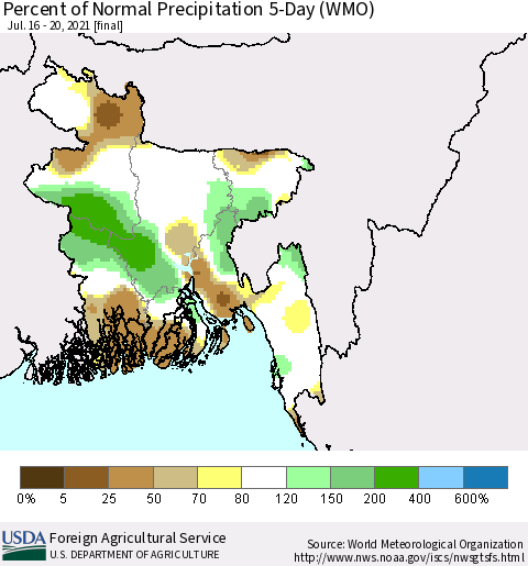 Bangladesh Percent of Normal Precipitation 5-Day (WMO) Thematic Map For 7/16/2021 - 7/20/2021