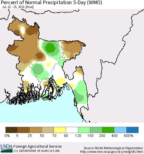 Bangladesh Percent of Normal Precipitation 5-Day (WMO) Thematic Map For 7/21/2021 - 7/25/2021