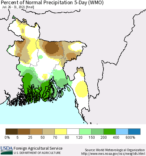 Bangladesh Percent of Normal Precipitation 5-Day (WMO) Thematic Map For 7/26/2021 - 7/31/2021