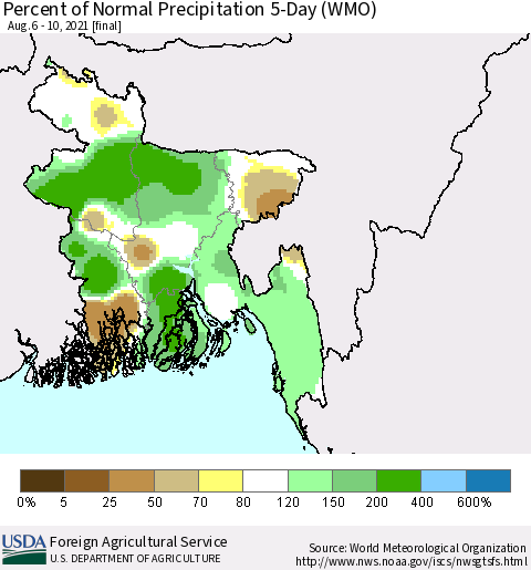 Bangladesh Percent of Normal Precipitation 5-Day (WMO) Thematic Map For 8/6/2021 - 8/10/2021