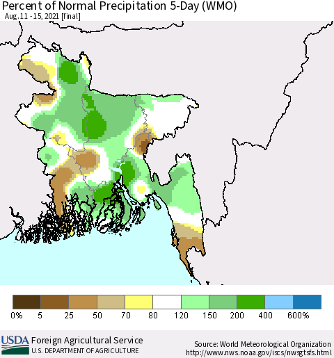 Bangladesh Percent of Normal Precipitation 5-Day (WMO) Thematic Map For 8/11/2021 - 8/15/2021