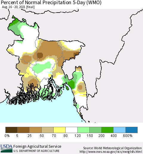 Bangladesh Percent of Normal Precipitation 5-Day (WMO) Thematic Map For 8/16/2021 - 8/20/2021