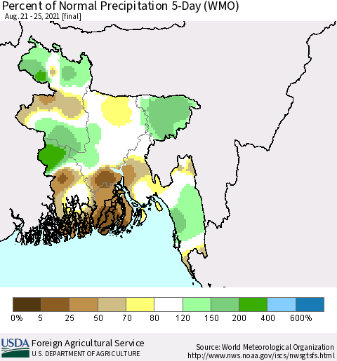 Bangladesh Percent of Normal Precipitation 5-Day (WMO) Thematic Map For 8/21/2021 - 8/25/2021