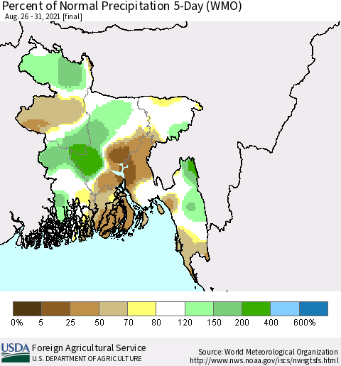 Bangladesh Percent of Normal Precipitation 5-Day (WMO) Thematic Map For 8/26/2021 - 8/31/2021