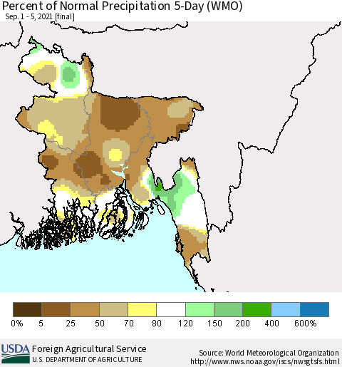 Bangladesh Percent of Normal Precipitation 5-Day (WMO) Thematic Map For 9/1/2021 - 9/5/2021