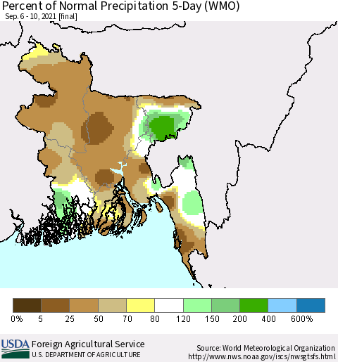 Bangladesh Percent of Normal Precipitation 5-Day (WMO) Thematic Map For 9/6/2021 - 9/10/2021