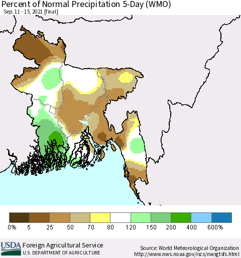 Bangladesh Percent of Normal Precipitation 5-Day (WMO) Thematic Map For 9/11/2021 - 9/15/2021