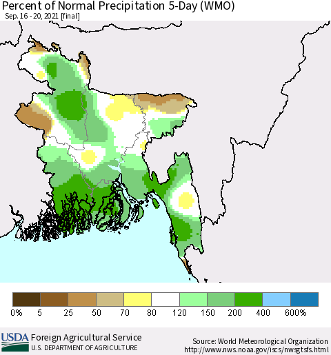 Bangladesh Percent of Normal Precipitation 5-Day (WMO) Thematic Map For 9/16/2021 - 9/20/2021