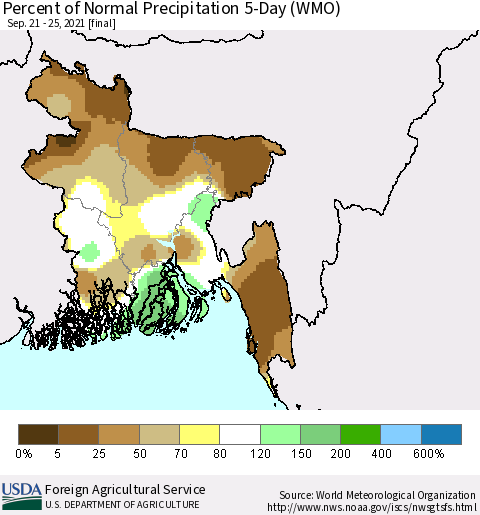 Bangladesh Percent of Normal Precipitation 5-Day (WMO) Thematic Map For 9/21/2021 - 9/25/2021