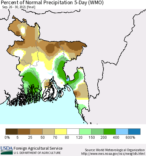 Bangladesh Percent of Normal Precipitation 5-Day (WMO) Thematic Map For 9/26/2021 - 9/30/2021