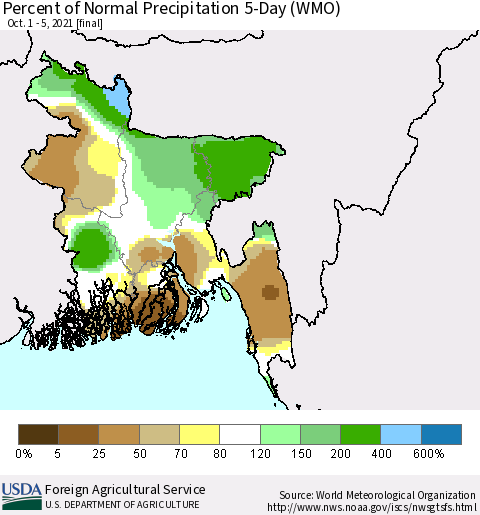 Bangladesh Percent of Normal Precipitation 5-Day (WMO) Thematic Map For 10/1/2021 - 10/5/2021