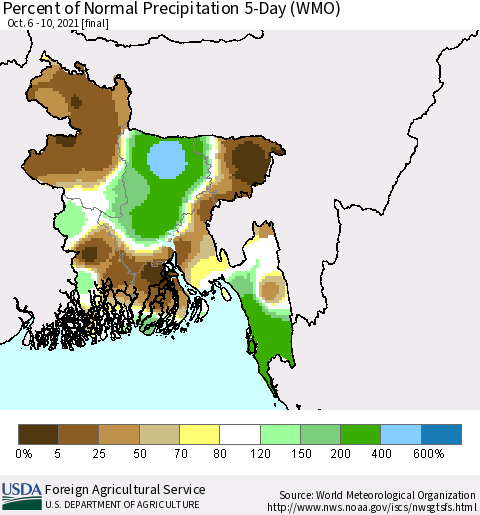 Bangladesh Percent of Normal Precipitation 5-Day (WMO) Thematic Map For 10/6/2021 - 10/10/2021