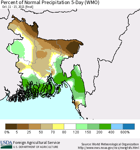Bangladesh Percent of Normal Precipitation 5-Day (WMO) Thematic Map For 10/11/2021 - 10/15/2021
