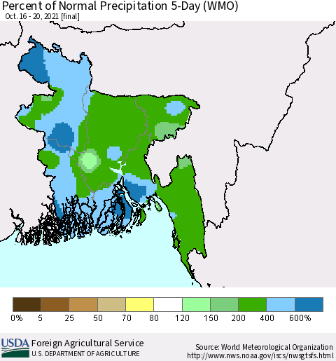 Bangladesh Percent of Normal Precipitation 5-Day (WMO) Thematic Map For 10/16/2021 - 10/20/2021