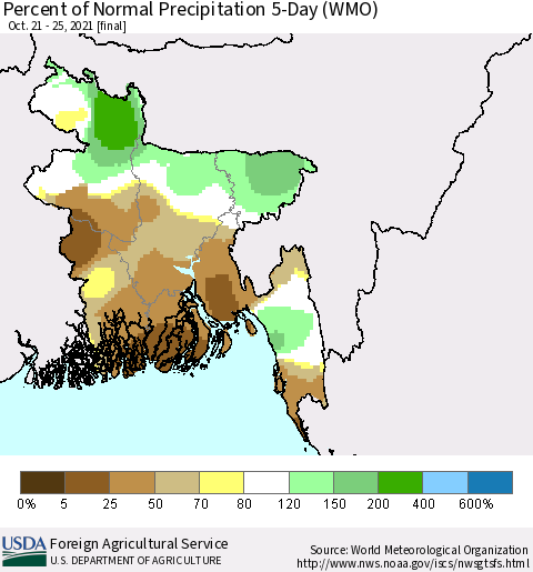 Bangladesh Percent of Normal Precipitation 5-Day (WMO) Thematic Map For 10/21/2021 - 10/25/2021