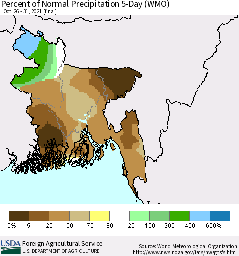 Bangladesh Percent of Normal Precipitation 5-Day (WMO) Thematic Map For 10/26/2021 - 10/31/2021