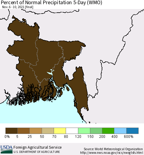 Bangladesh Percent of Normal Precipitation 5-Day (WMO) Thematic Map For 11/6/2021 - 11/10/2021