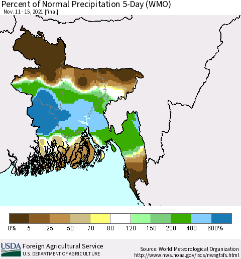 Bangladesh Percent of Normal Precipitation 5-Day (WMO) Thematic Map For 11/11/2021 - 11/15/2021