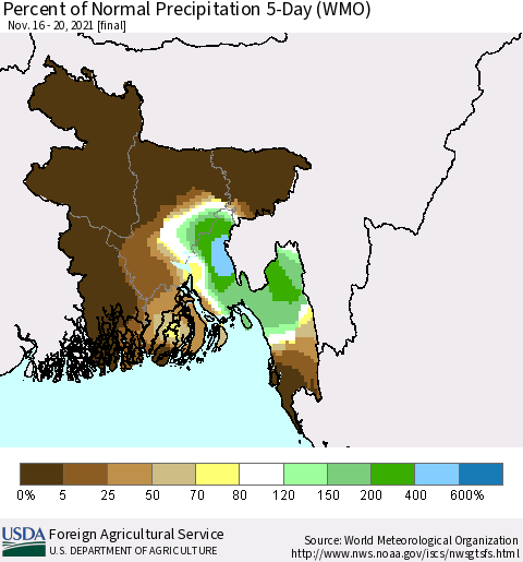 Bangladesh Percent of Normal Precipitation 5-Day (WMO) Thematic Map For 11/16/2021 - 11/20/2021