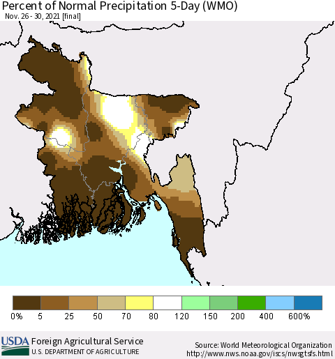 Bangladesh Percent of Normal Precipitation 5-Day (WMO) Thematic Map For 11/26/2021 - 11/30/2021
