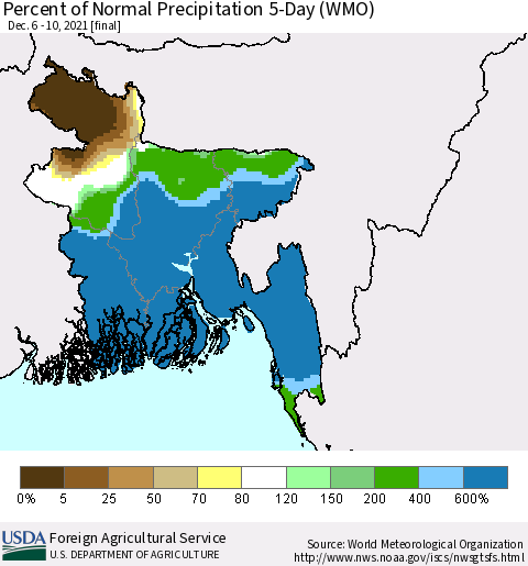 Bangladesh Percent of Normal Precipitation 5-Day (WMO) Thematic Map For 12/6/2021 - 12/10/2021
