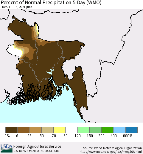 Bangladesh Percent of Normal Precipitation 5-Day (WMO) Thematic Map For 12/11/2021 - 12/15/2021