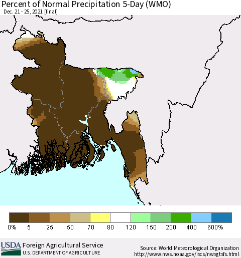Bangladesh Percent of Normal Precipitation 5-Day (WMO) Thematic Map For 12/21/2021 - 12/25/2021