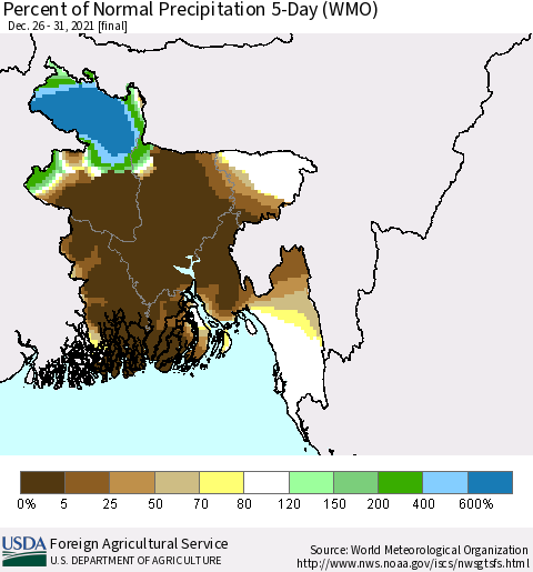 Bangladesh Percent of Normal Precipitation 5-Day (WMO) Thematic Map For 12/26/2021 - 12/31/2021