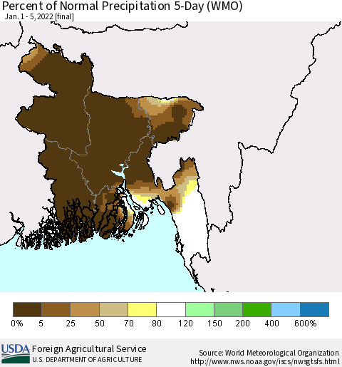 Bangladesh Percent of Normal Precipitation 5-Day (WMO) Thematic Map For 1/1/2022 - 1/5/2022