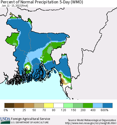 Bangladesh Percent of Normal Precipitation 5-Day (WMO) Thematic Map For 1/11/2022 - 1/15/2022