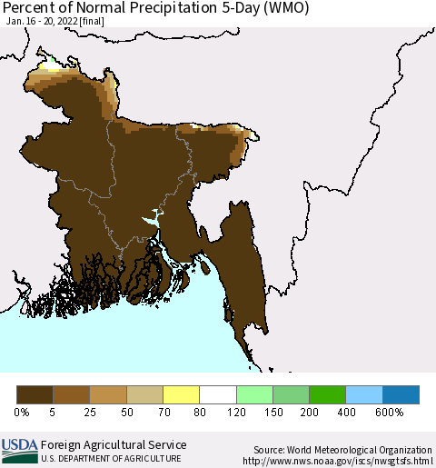 Bangladesh Percent of Normal Precipitation 5-Day (WMO) Thematic Map For 1/16/2022 - 1/20/2022