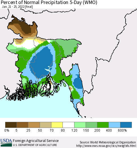 Bangladesh Percent of Normal Precipitation 5-Day (WMO) Thematic Map For 1/21/2022 - 1/25/2022