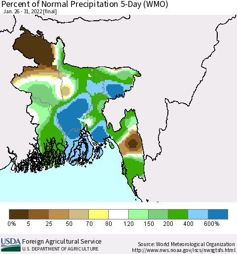 Bangladesh Percent of Normal Precipitation 5-Day (WMO) Thematic Map For 1/26/2022 - 1/31/2022