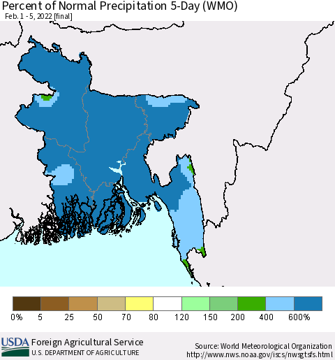 Bangladesh Percent of Normal Precipitation 5-Day (WMO) Thematic Map For 2/1/2022 - 2/5/2022